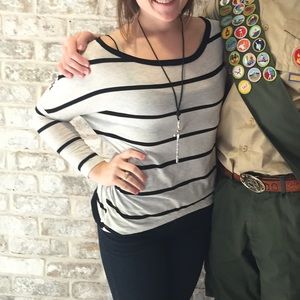 Grey & black striped open back long sleeve shirt